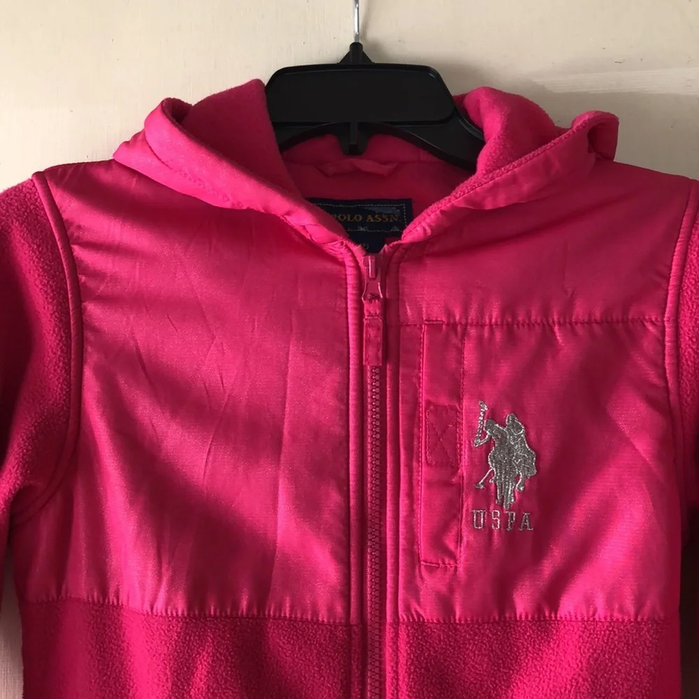 U.S. Polo Assoc. Girl’s Pink Plush Zip Hooded Jacket Pockets Arm Patches M